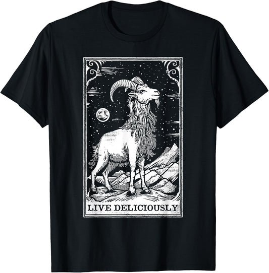Live Deliciously Tarot Card Shirt Wiccan Goat Pagan Occult T-Shirt - T-Shirt | Black
