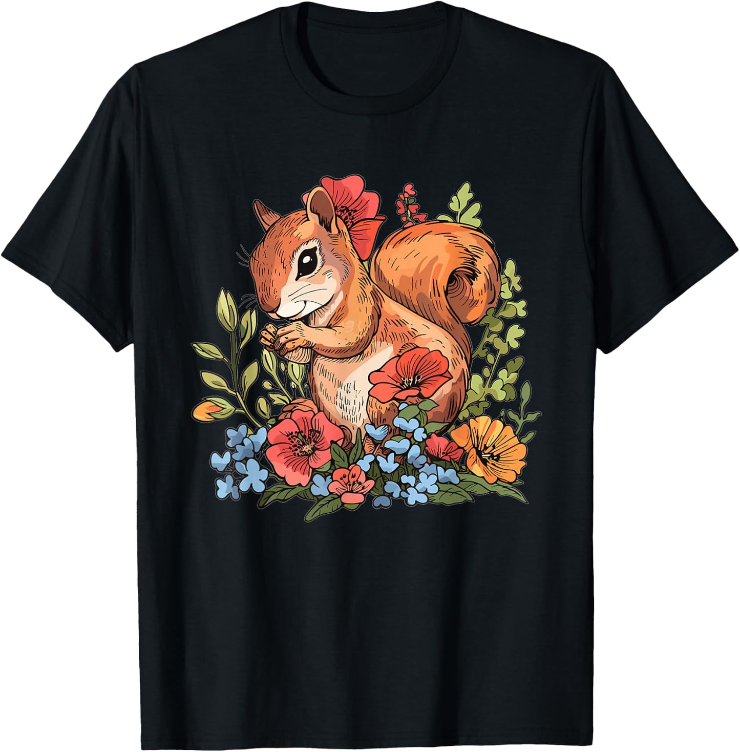Cute Squirrel with Flowers I Kids Squirrel T-Shirt - T-Shirt | Black