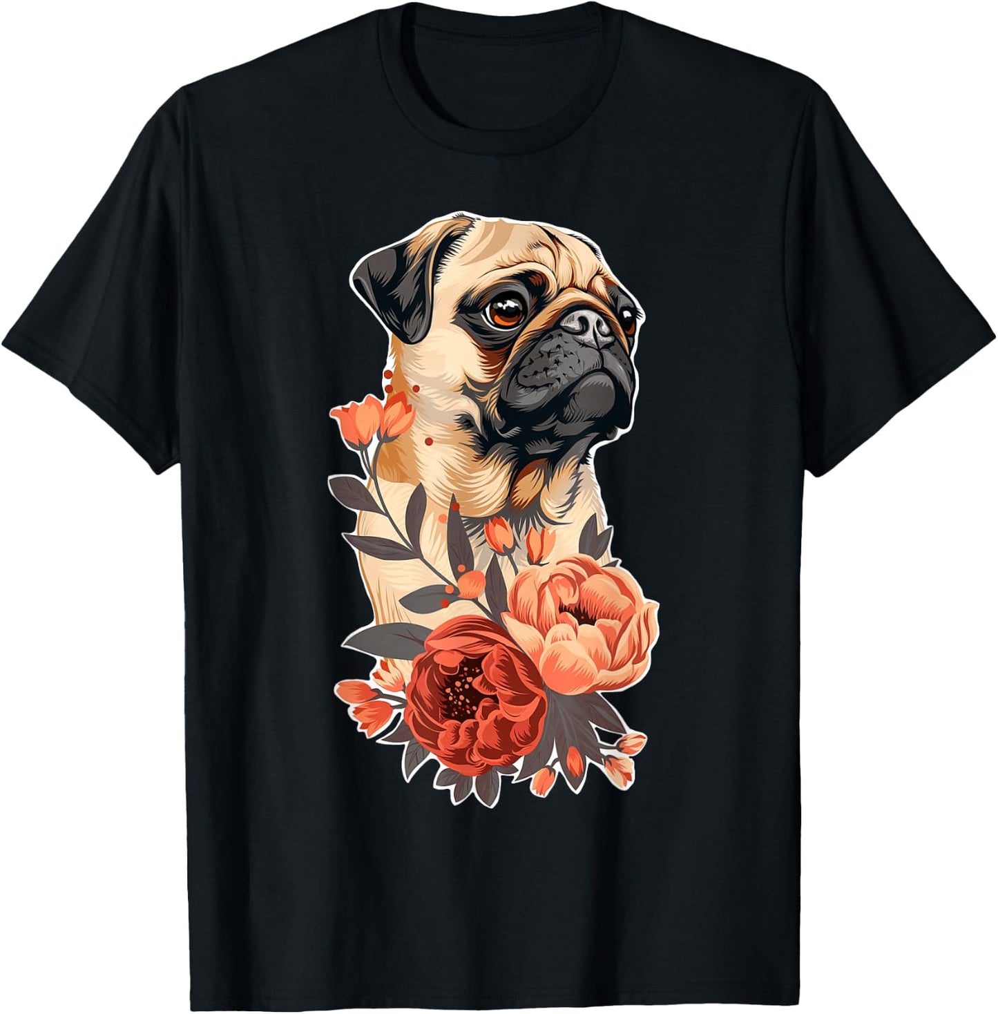 Cute Pug Dog Flowers Pug T-Shirt - T-Shirt | Black