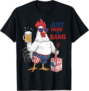 Just Here To Bang Patriotic Rooster Fireworks 4th Of July T-Shirt - T-Shirt | Black