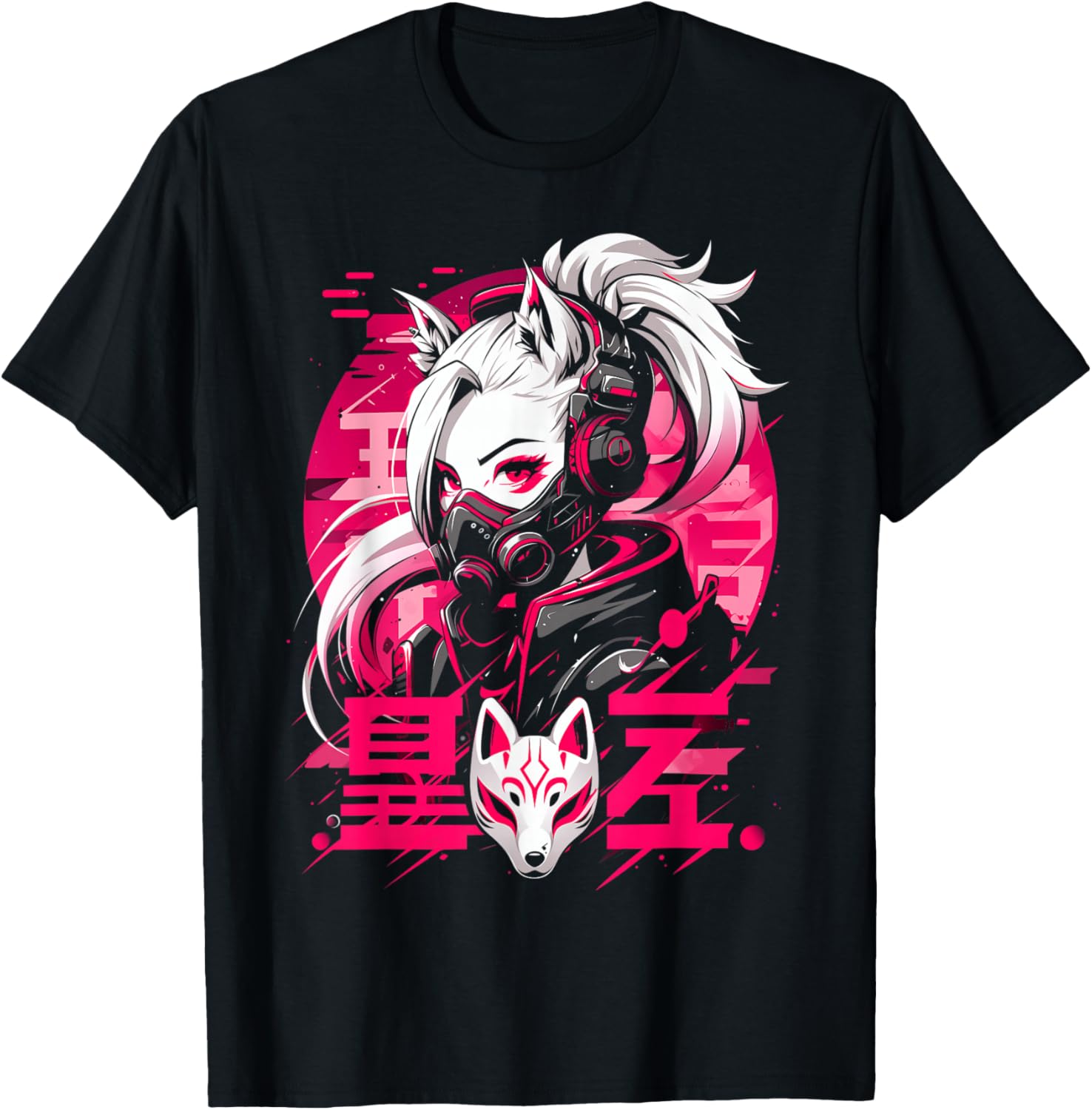 Anime Manga Cyberpunk Aesthetic Techwear Harajuku Kitsune , black T-Shirt - T-Shirt | Black