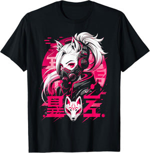 Anime Manga Cyberpunk Aesthetic Techwear Harajuku Kitsune , black T-Shirt - T-Shirt | Black