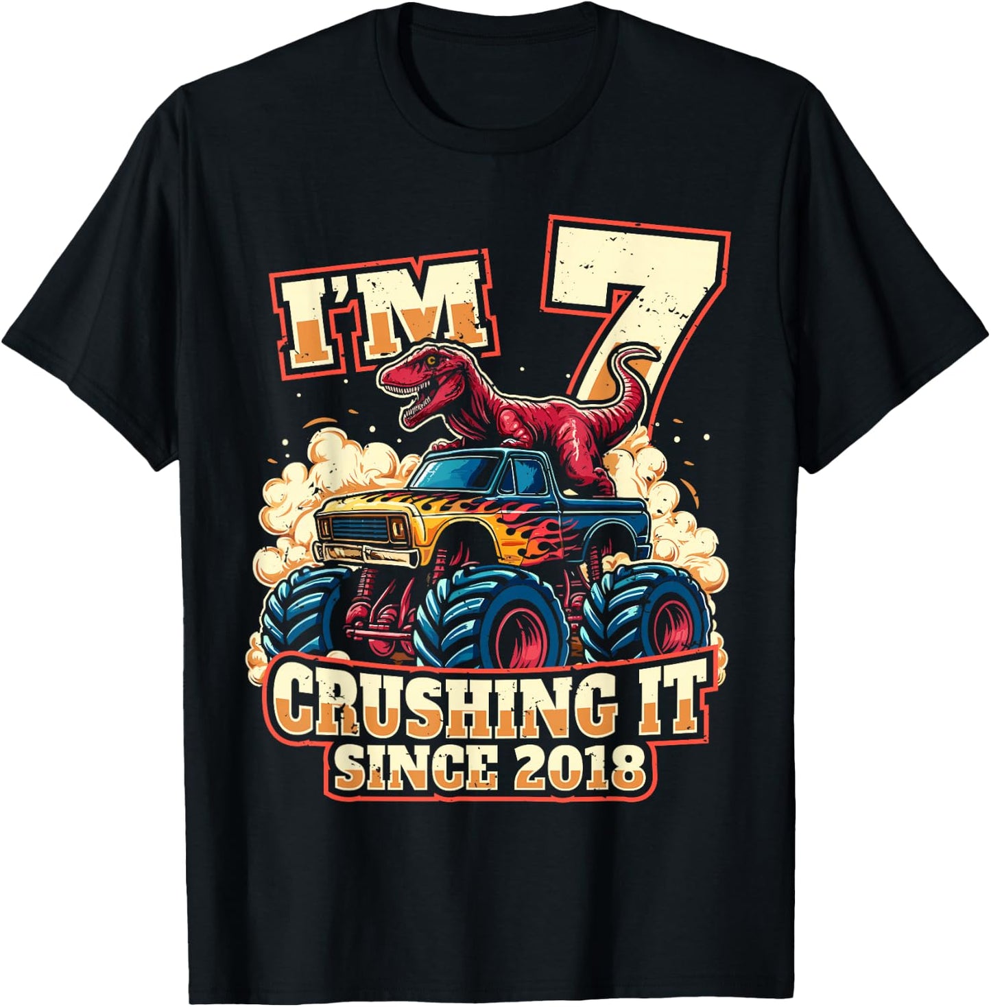 7 Year Old Boys 7th Birthday Dinosaur Monster Truck Party T-Shirt - T-Shirt | Black