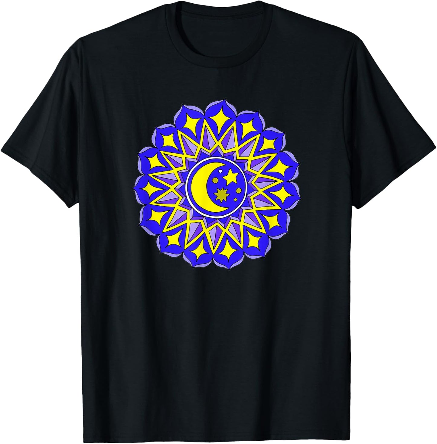 Mandala Moon Stars Blue Yellow Yoga Design Hindu Buddhist T-Shirt - T-Shirt | Black