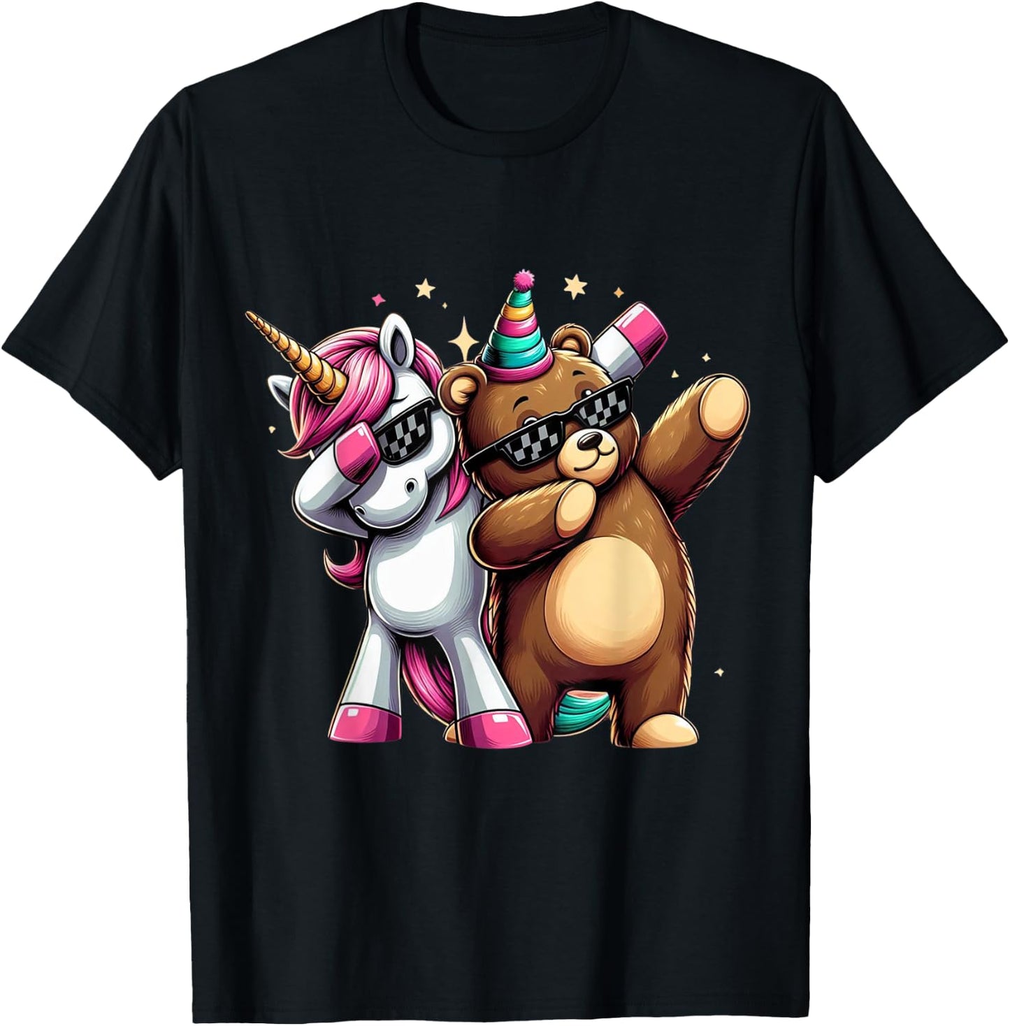 Dabbing Unicorn And Bear Boys Girls Men Women Kids Adults T-Shirt - T-Shirt | Black