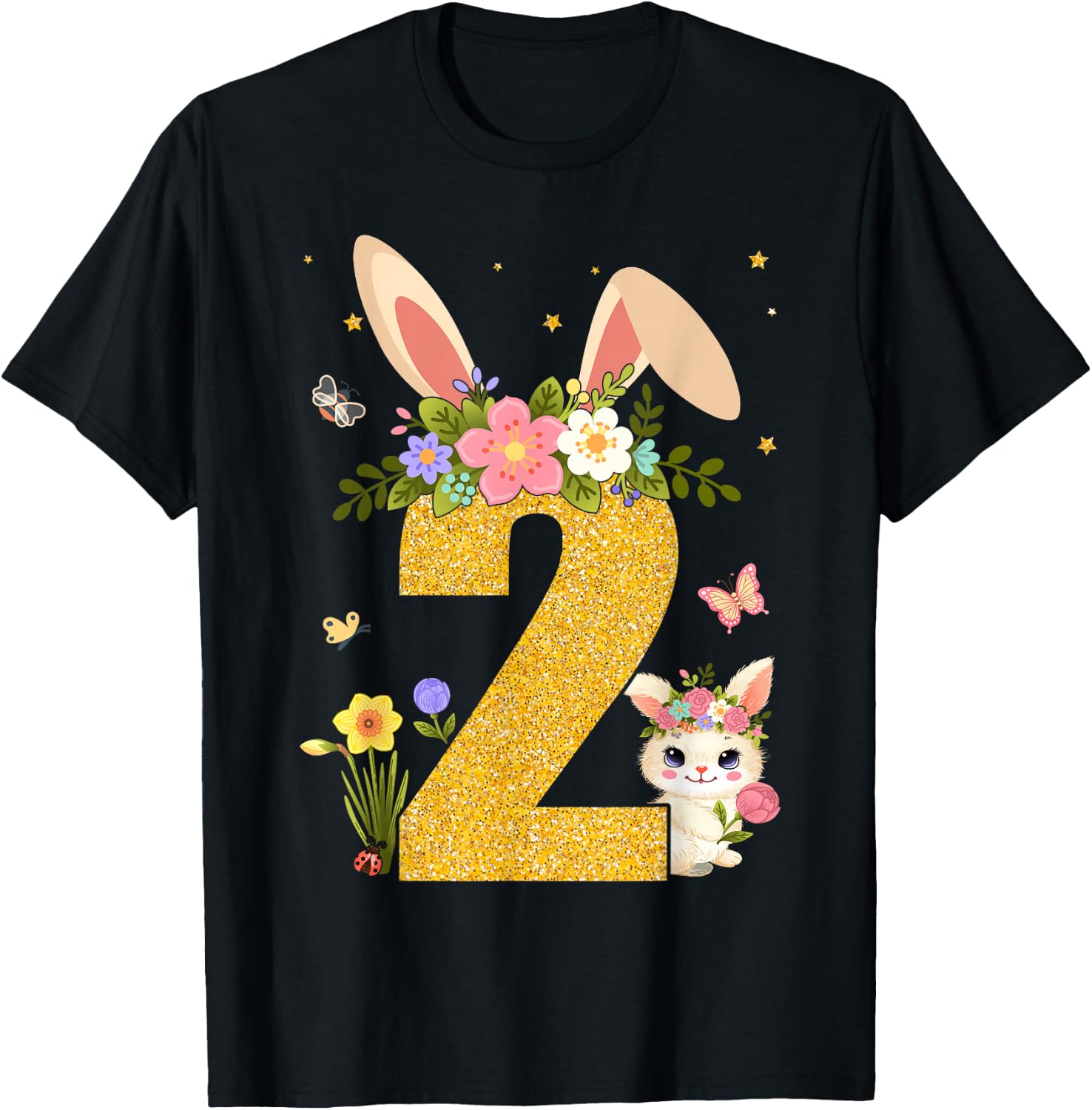 2nd Birthday Rabbit Two Year Old Sweet Baby Bunny Ears T-Shirt - T-Shirt | Black