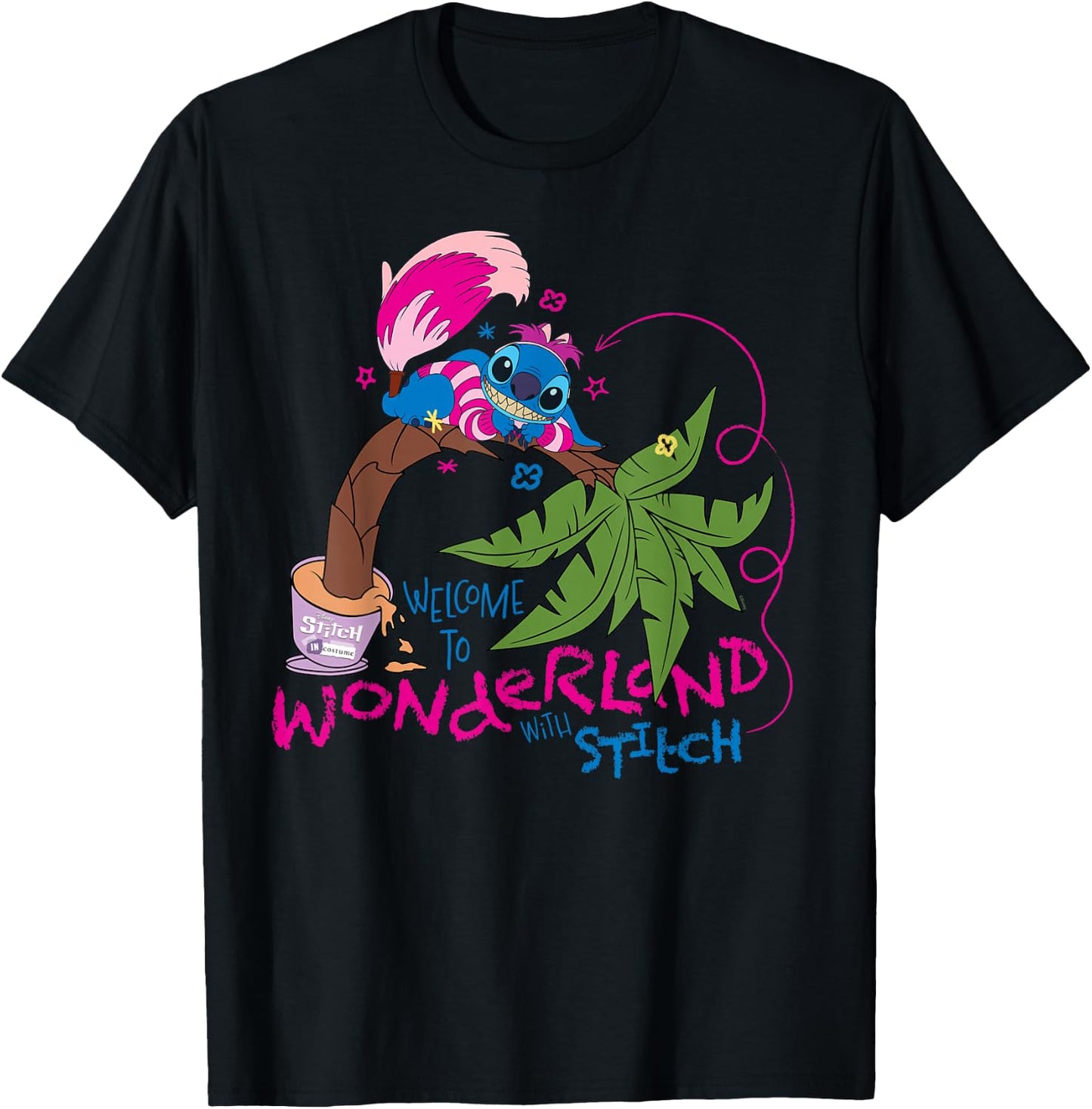 Disney 100 Stitch in Costume Cheshire Cat Wonderland Welcome T-Shirt - T-Shirt | Black
