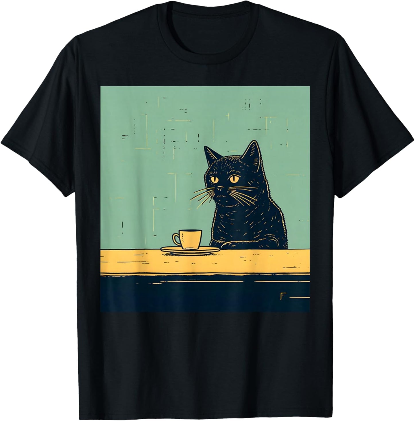 Funny Black Cat Chilling with Coffee Retro Vintage T-Shirt - T-Shirt | Black