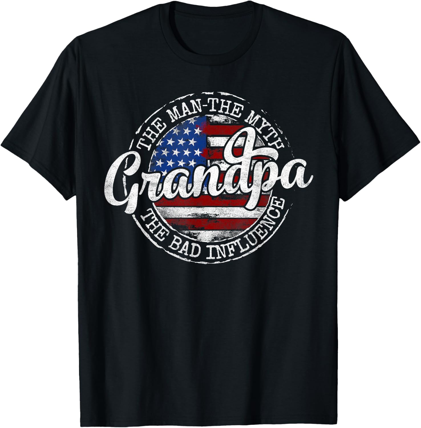 Grandpa Man Myth Bad Influence USA Flag Stamp Fathers Day T-Shirt - T-Shirt | Black