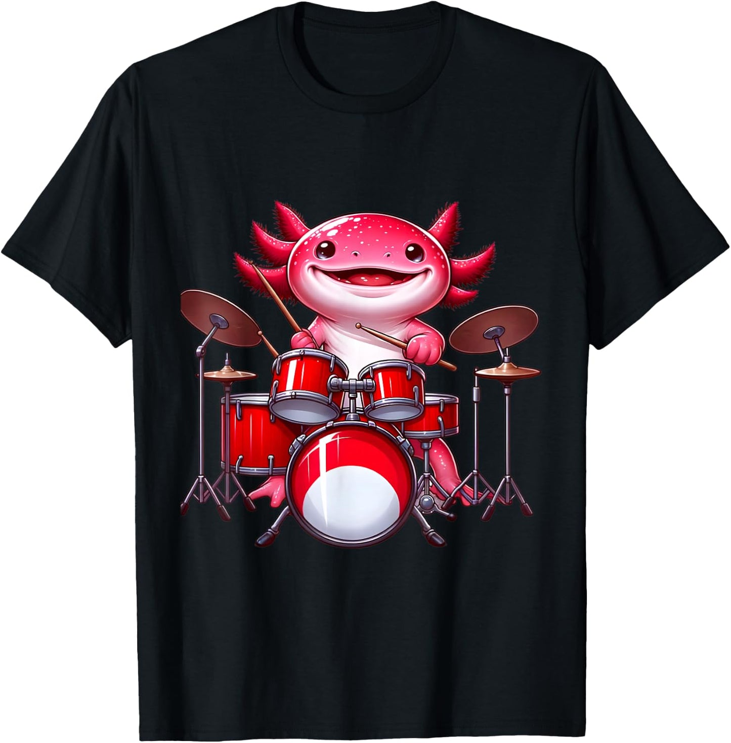 Axolotl Playing Drum Set Percussionist Drummer T-Shirt - T-Shirt | Black