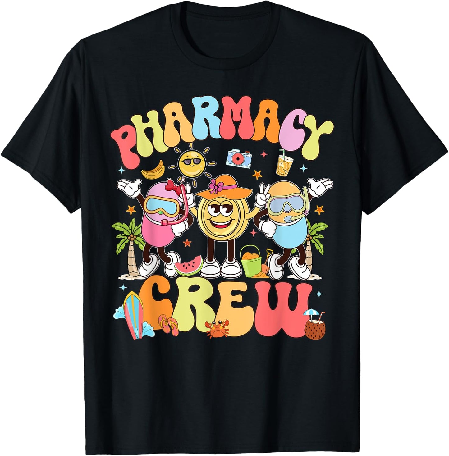 Retro Pharmacy Crew Summer Vacation Pharm Tech T-Shirt - T-Shirt | Black