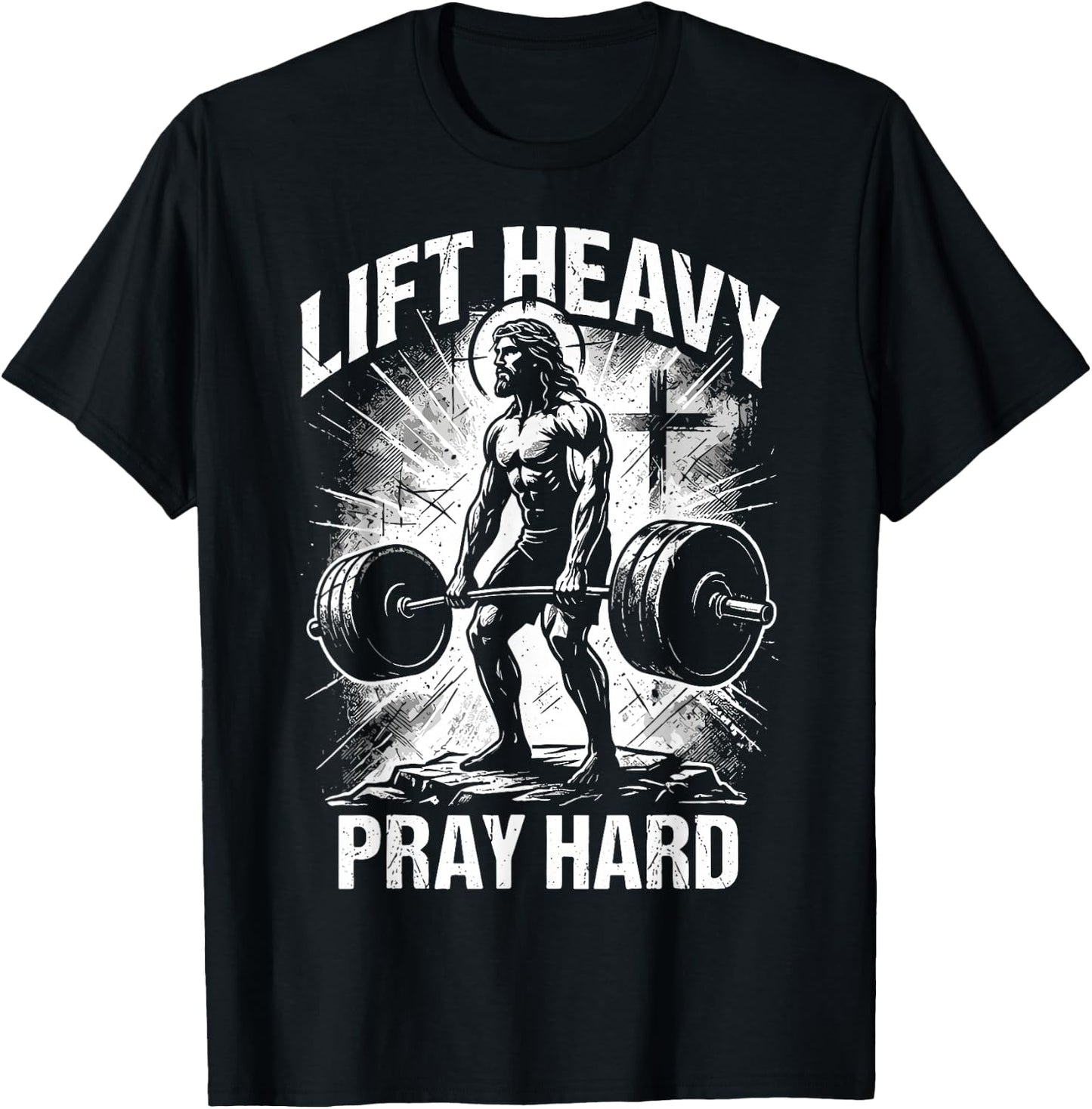Lift Heavy Pray Hard Christian Jesus Gym Faith T-Shirt - T-Shirt | Black