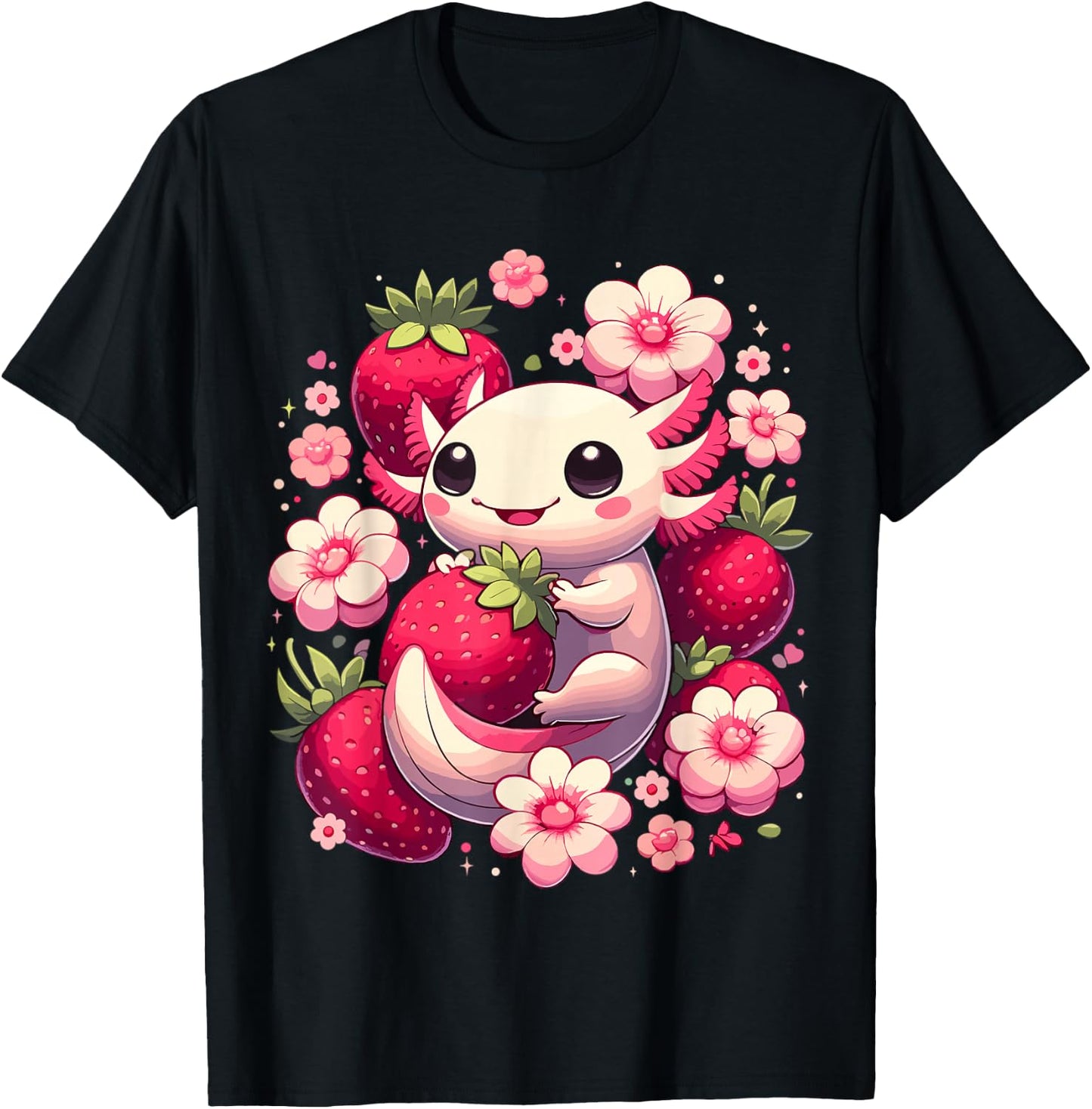 Cute Axolotl Kawaii Anime Axolotl Strawberry , Black, S T-Shirt - T-Shirt | Black