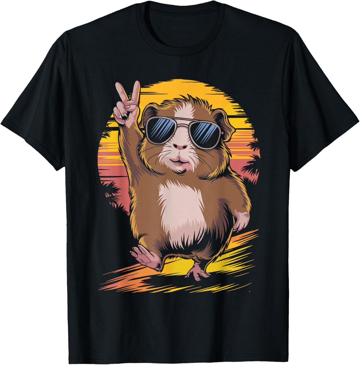 Retro Sunset Cool Guinea Pig Sunglasses Peace Sign T-Shirt - T-Shirt | Black