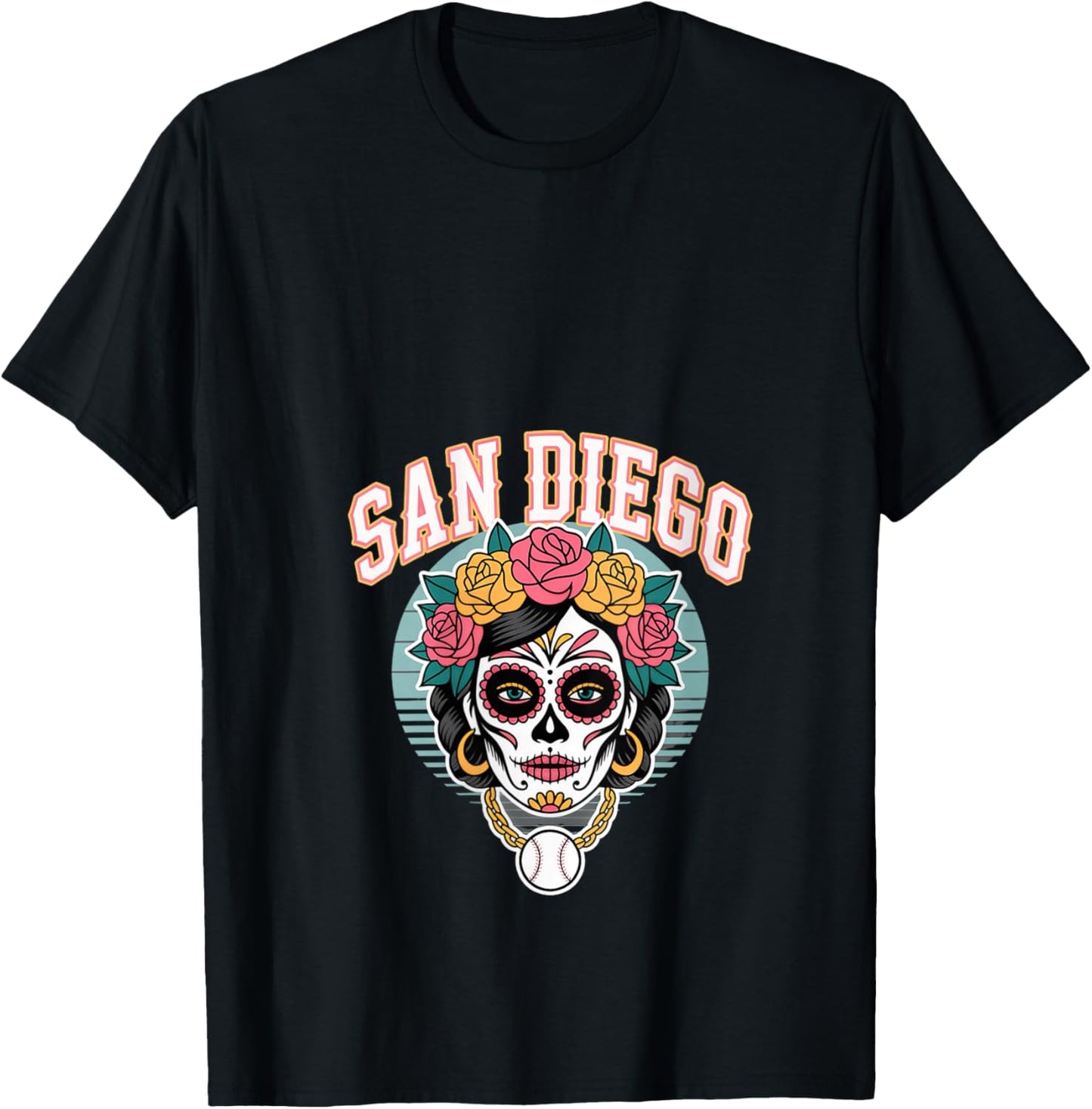 Women's San Diego Sugar Skull Flower City Baseball V-Neck T-Shirt - T-Shirt | Black
