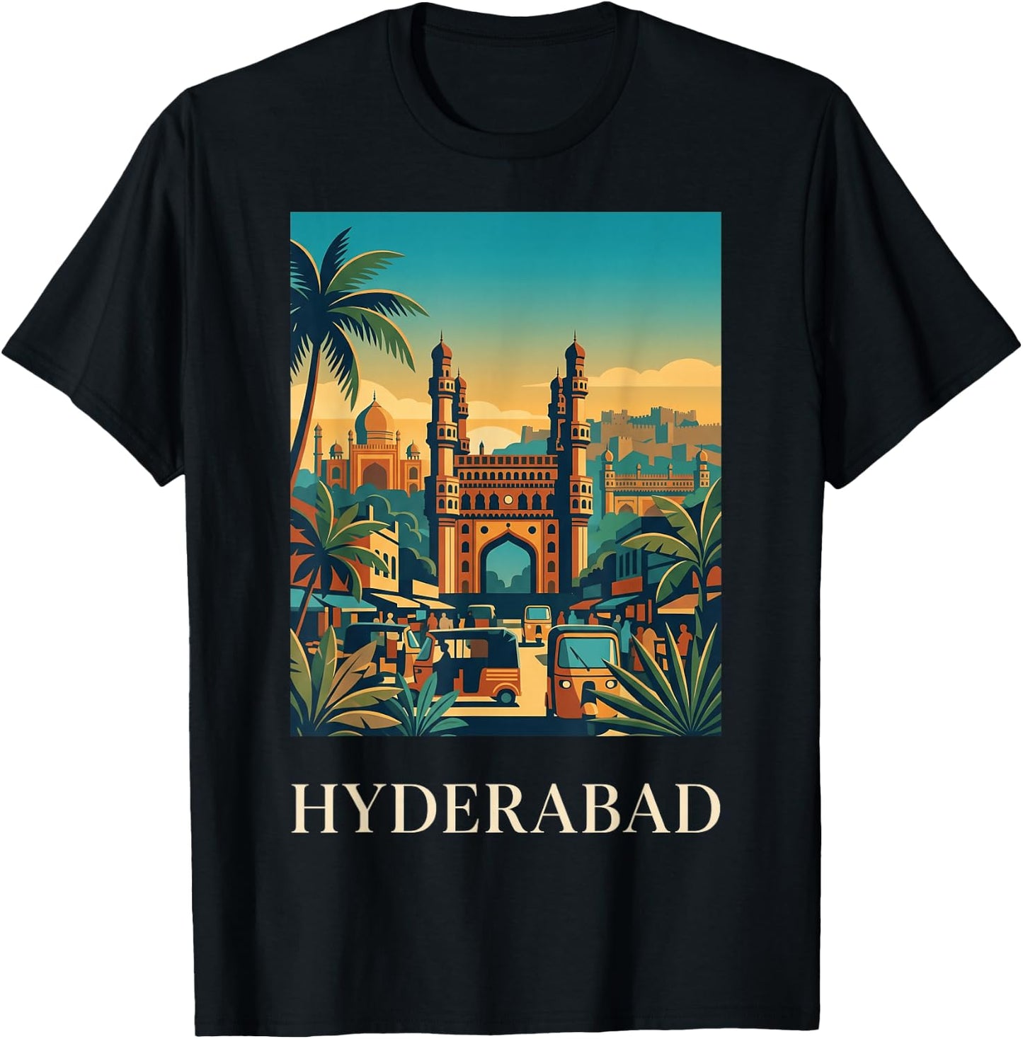 Hyderabad India Charminar Skyline Travel Poster Art T-Shirt - T-Shirt | Black