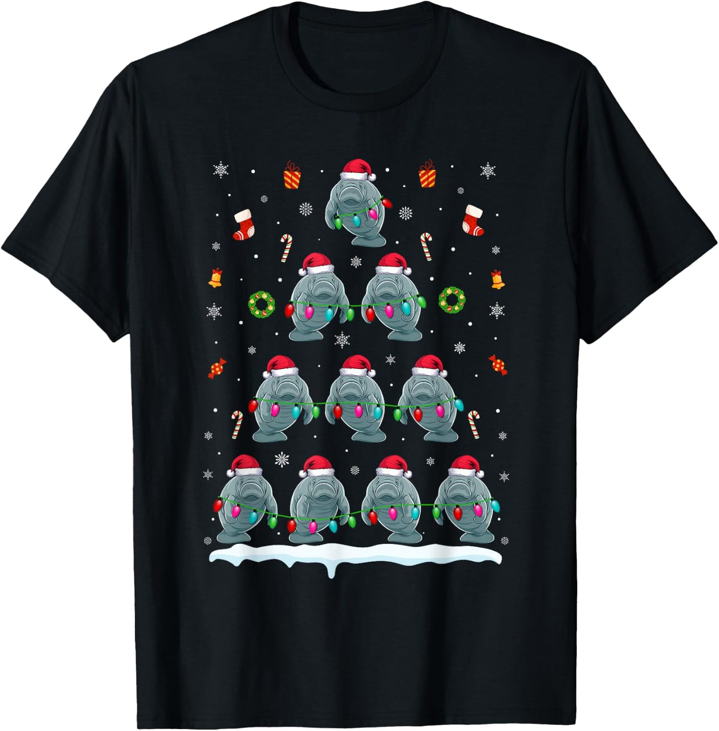 Manatee Christmas Tree Lights Women Manatee Xmas T-Shirt - T-Shirt | Black