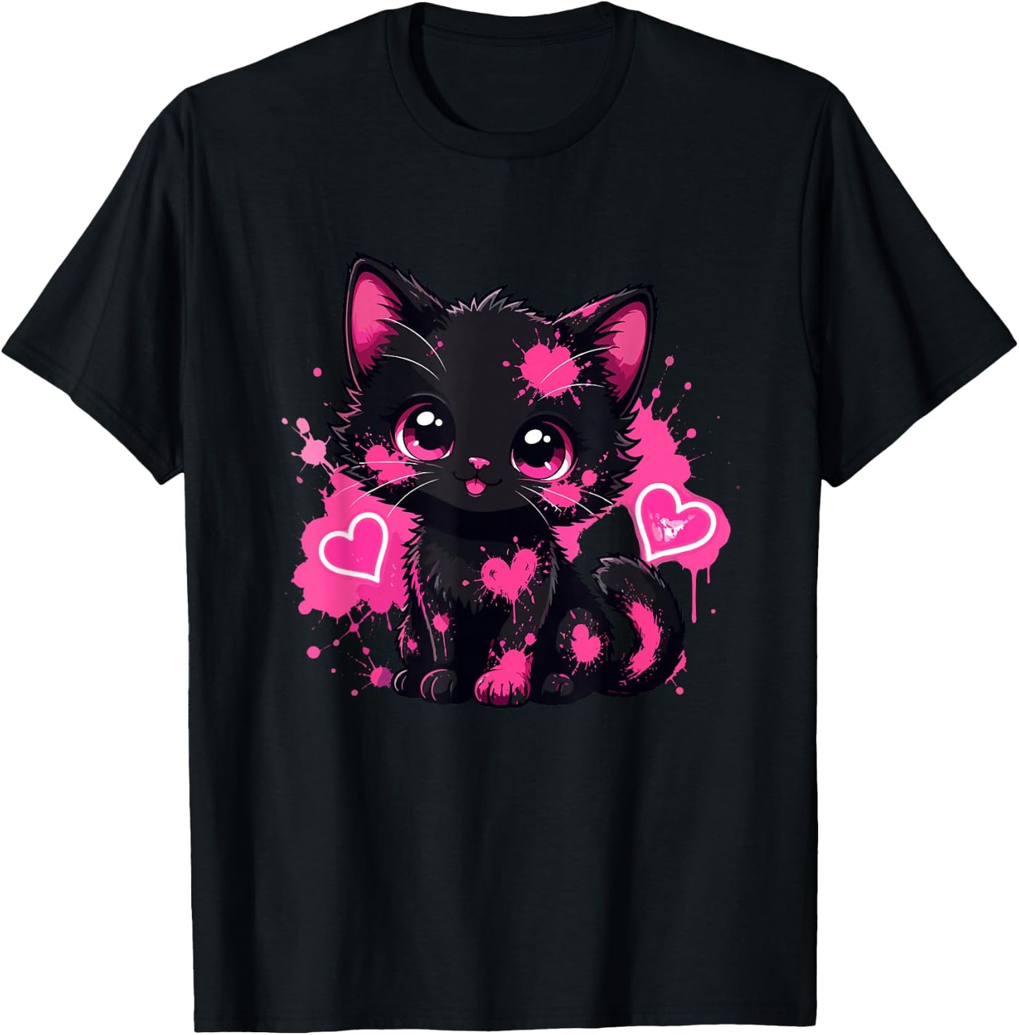 Kawaii Black Kitten Pink Paint Heart Lover T-Shirt - T-Shirt | Black