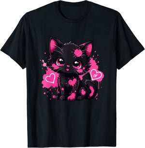 Kawaii Black Kitten Pink Paint Heart Lover T-Shirt - T-Shirt | Black