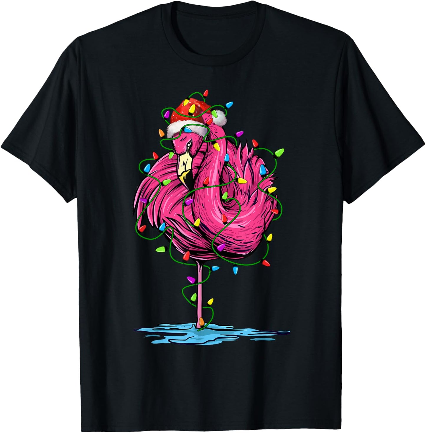 Flamingo Santa Christmas Tree Lighting Xmas Funny T-Shirt - T-Shirt | Black