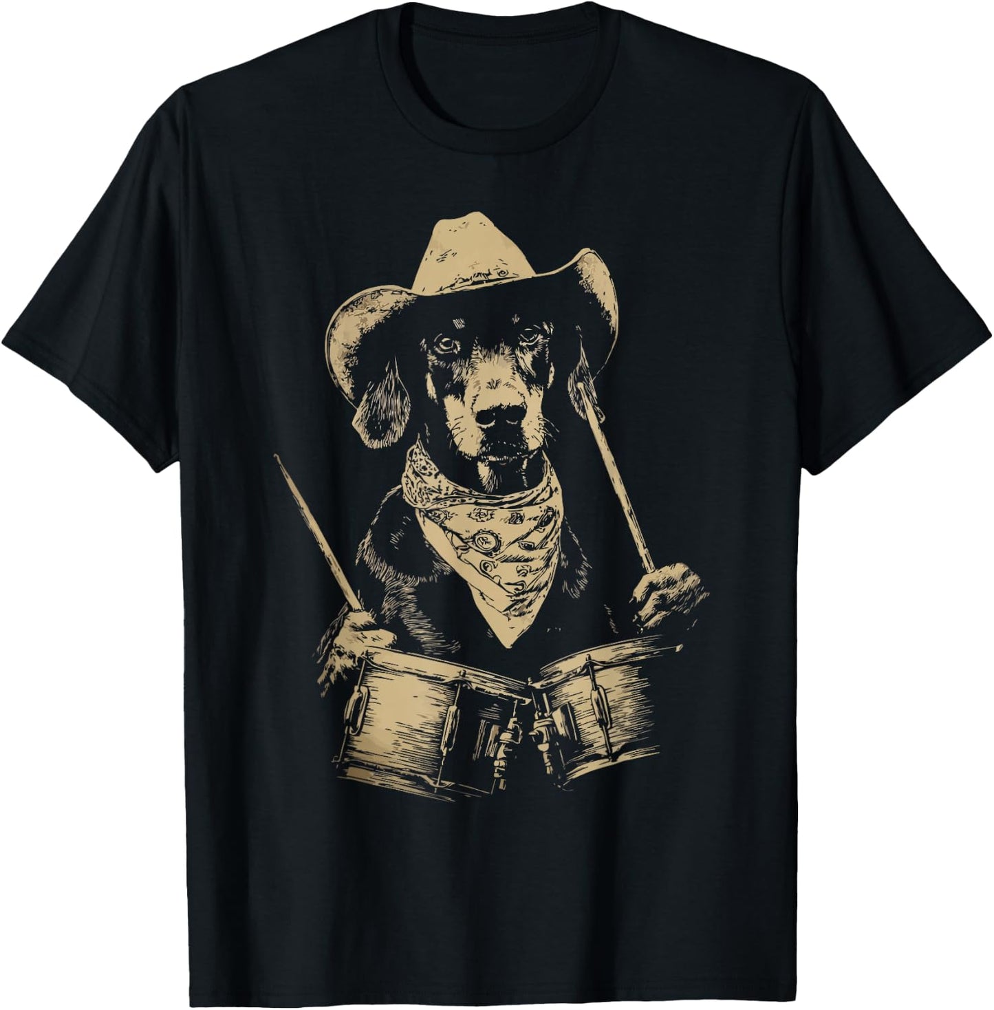 Cute Doberman Playing Drums Funny Cowboy Dog Western Drummer T-Shirt - T-Shirt | Black