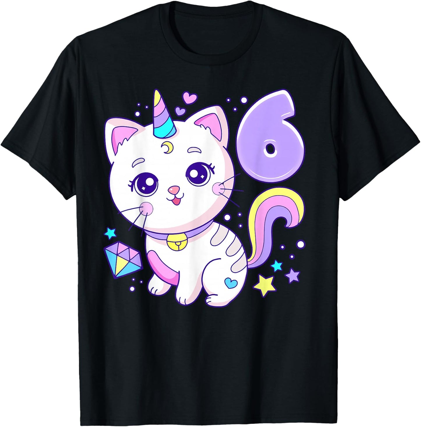 Geburtstag Mädchen 6 Jahre, Katze, Einhorn, 6. Geburtstag T-Shirt - T-Shirt | Black
