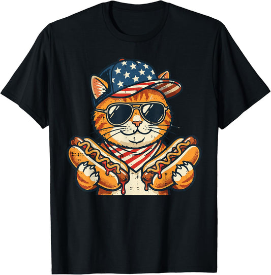 4th of July Cat Hotdog US Flag Cap Patriotic Men Women Kids T-Shirt - T-Shirt | Black