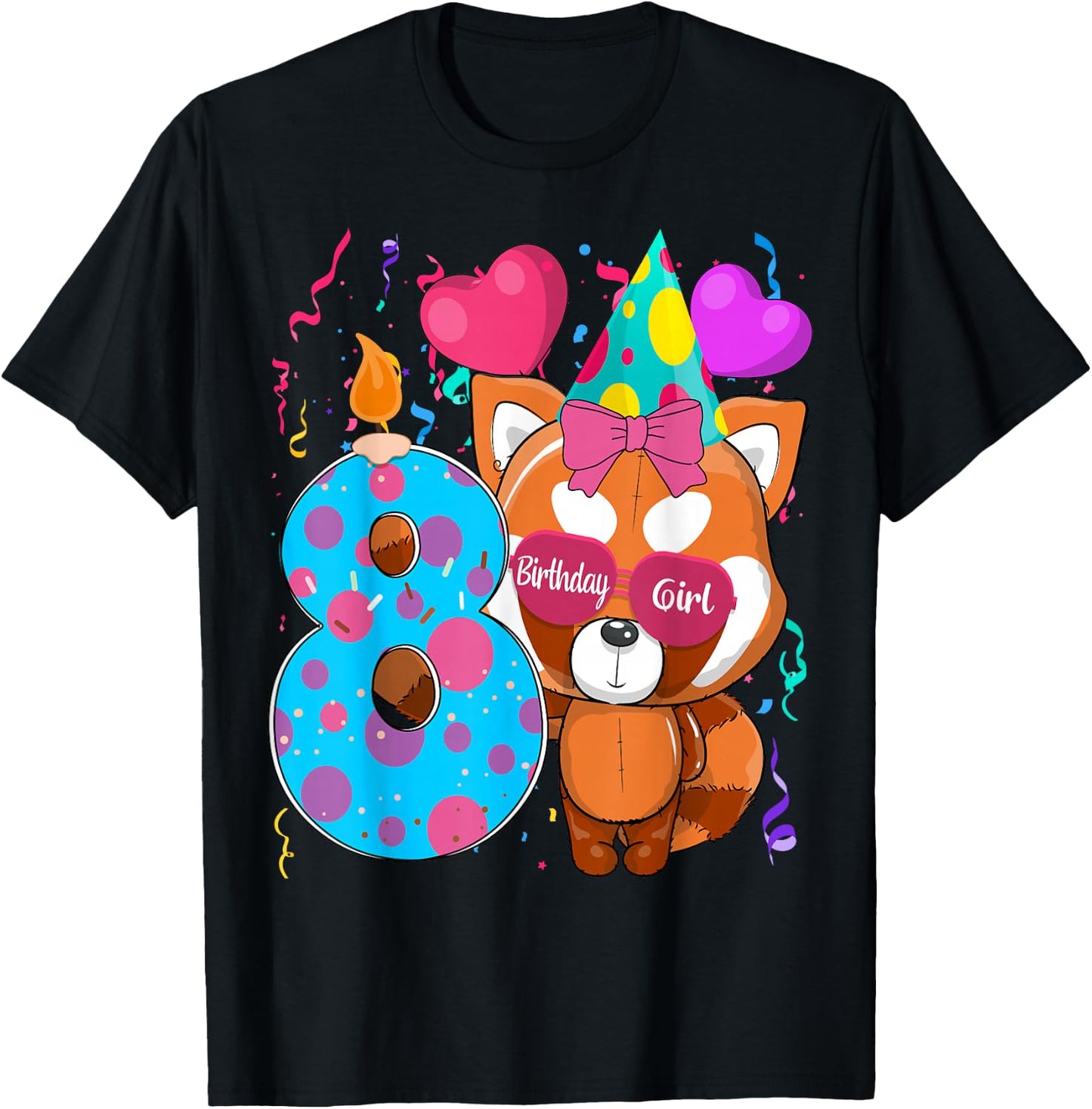 Red Panda 8th Birthday I'm 8 Years Old Girls Birthday Party T-Shirt - T-Shirt | Black