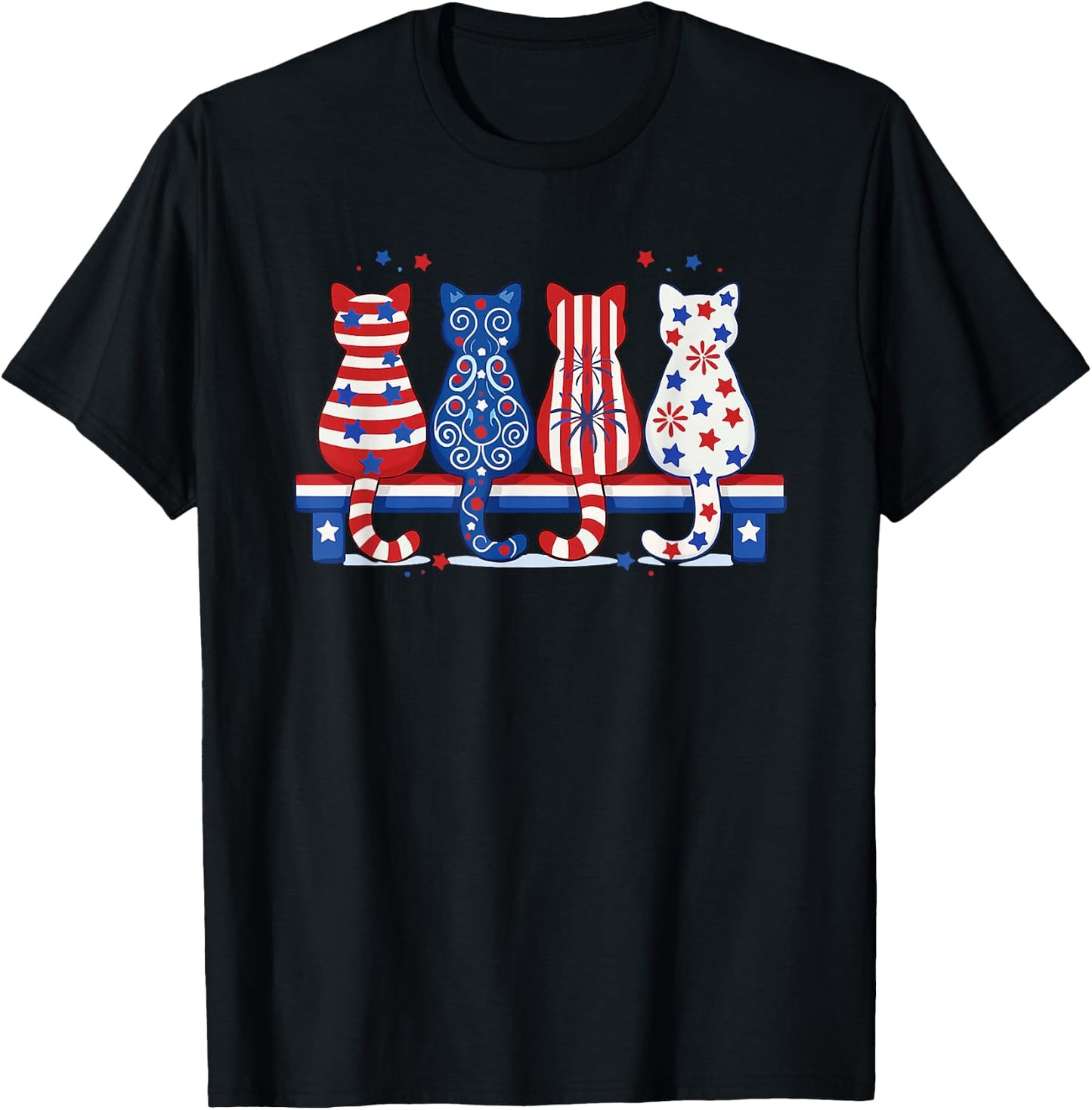 red White & Blue Cute Cats T-Shirt - T-Shirt | Black