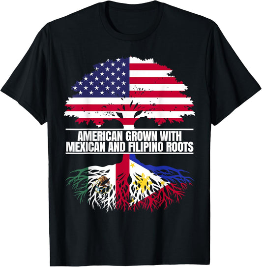 American Grown with Flag Heritage Mexican Filipino Roots T-Shirt - T-Shirt | Black