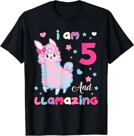 Llama I Am Five and Llamazing 5 Years Old 5th Birthday Girl T-Shirt - T-Shirt | Black