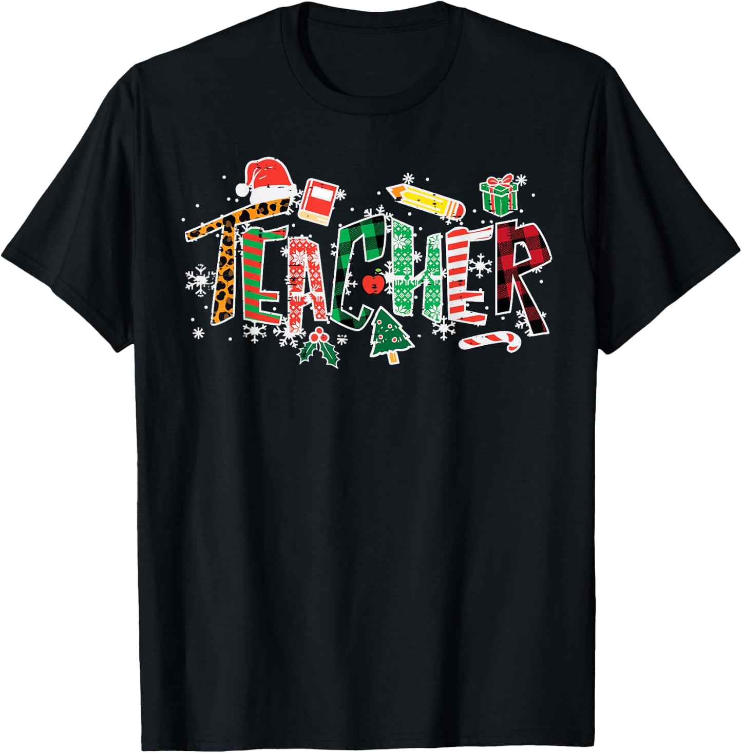 Leopard Buffalo Plaid Teacher Christmas School Xmas Women T-Shirt - T-Shirt | Black