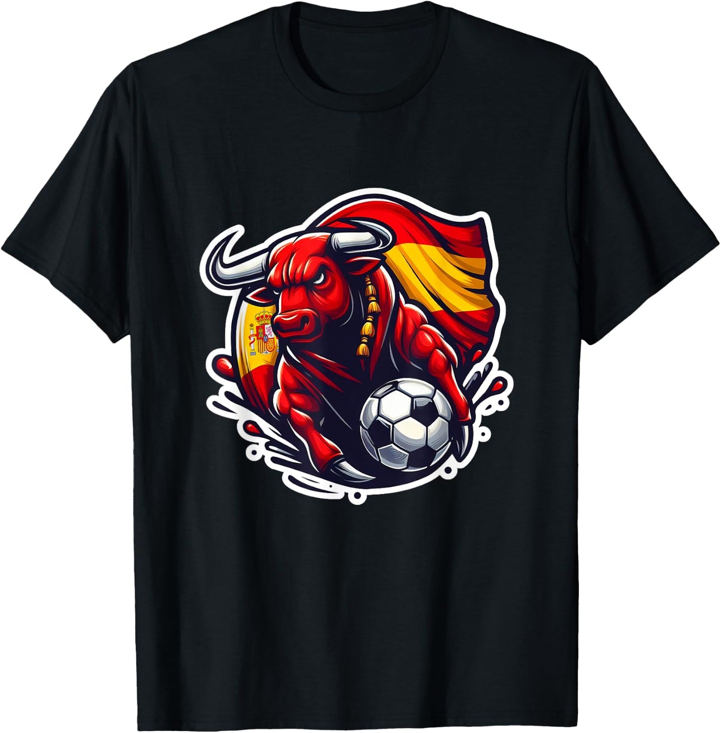 Spanish Flag Fan Spain Art Cartoon Bull , Black, S T-Shirt - T-Shirt | Black