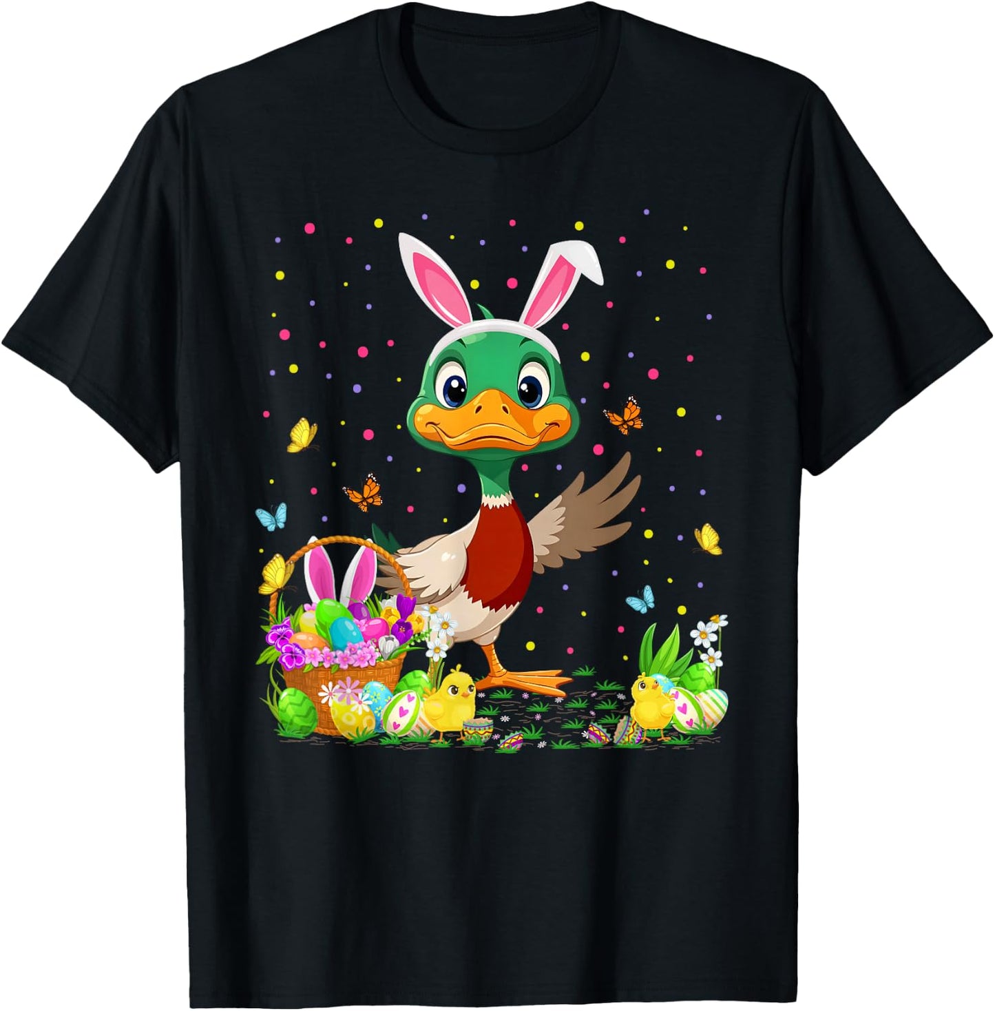 Duck Easter Egg Hunt Bunny Ear Duck Happy Easter T-Shirt - T-Shirt | Black