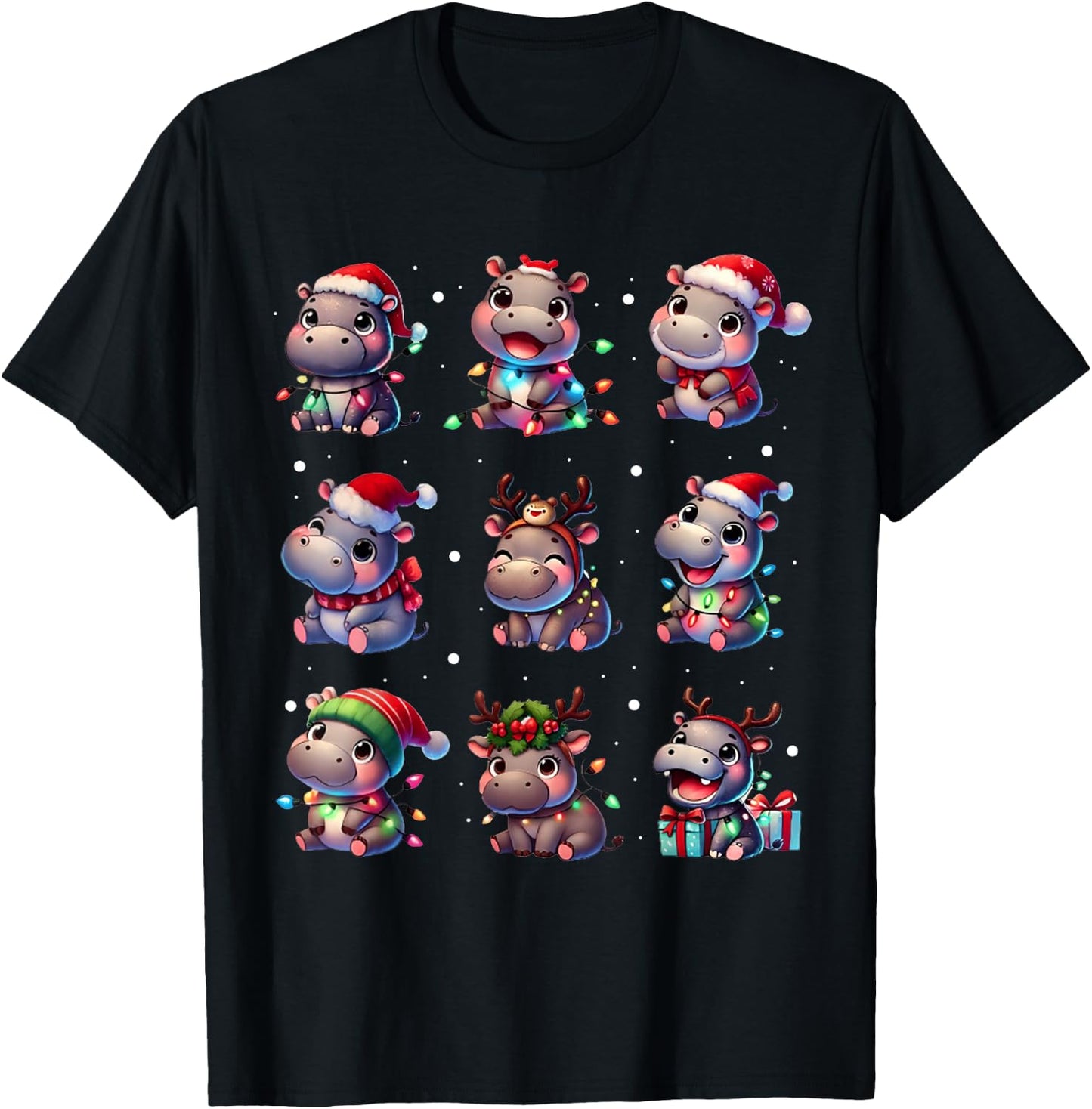 Cute Hippo in Christmas Lights Funny Xmas Gifts Kid Women PJ T-Shirt - T-Shirt | Black