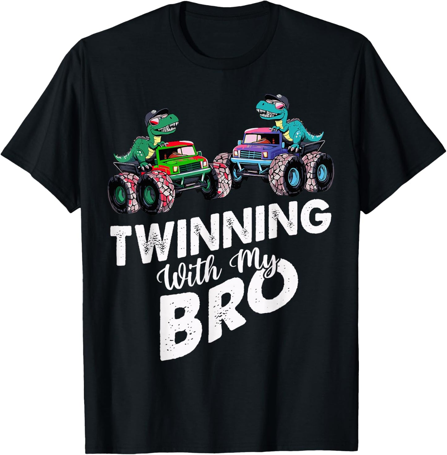 Twinning With My Bro Monster Trucks T Rex Twin Day T-Shirt - T-Shirt | Black