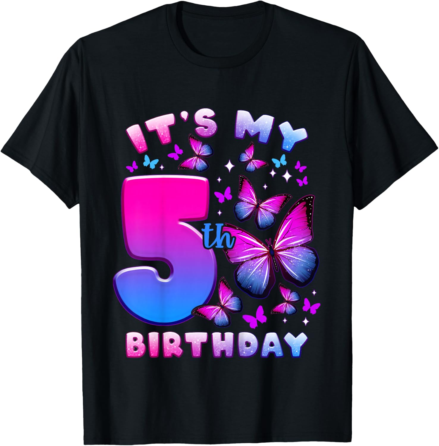 Birthday Girl 5 Years Old Butterfly Number 5 T-Shirt - T-Shirt | Black