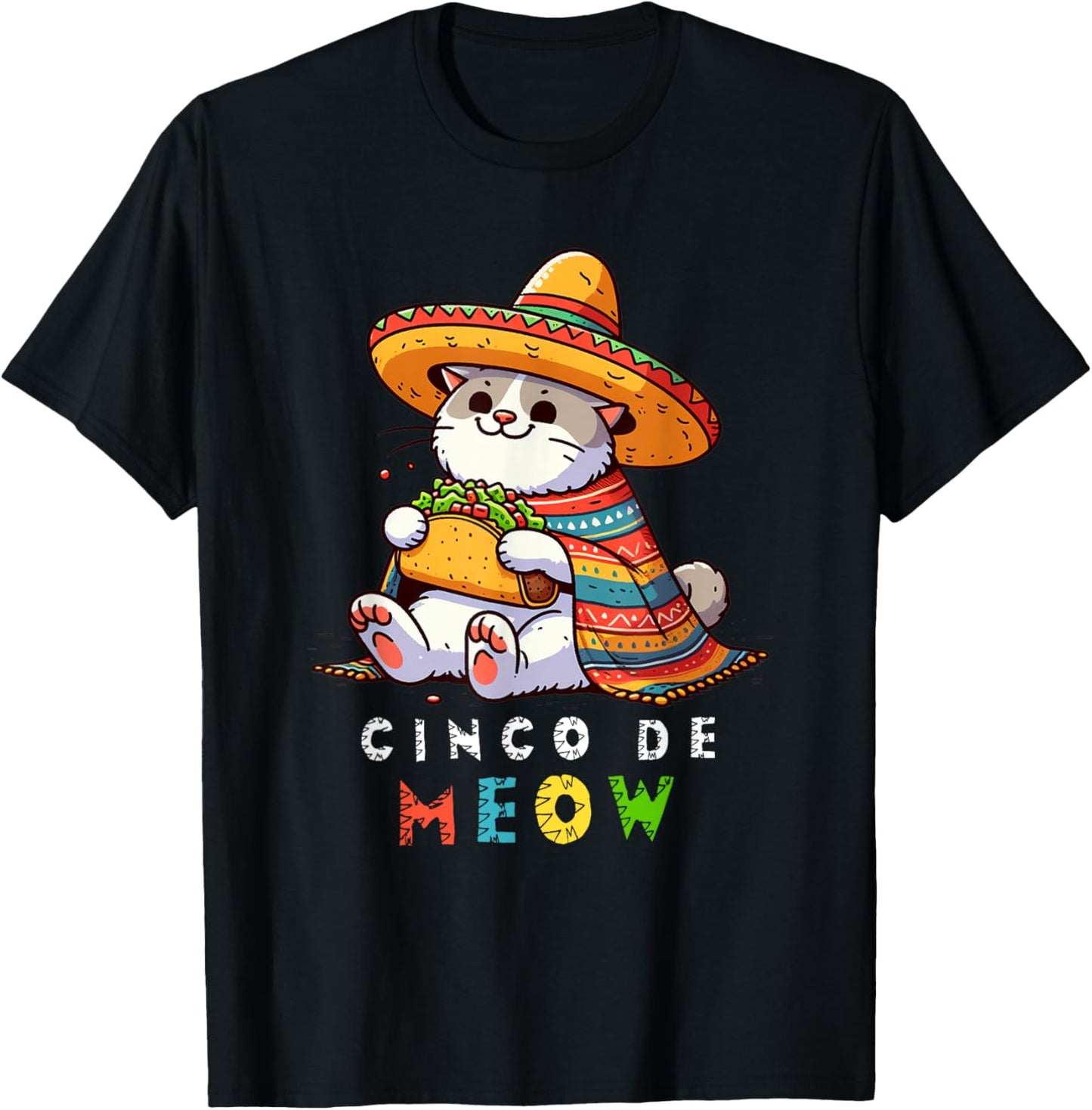 Cinco De Meow with Smiling Cat Taco and Sombrero Men Women Kids T-Shirt - T-Shirt | Black