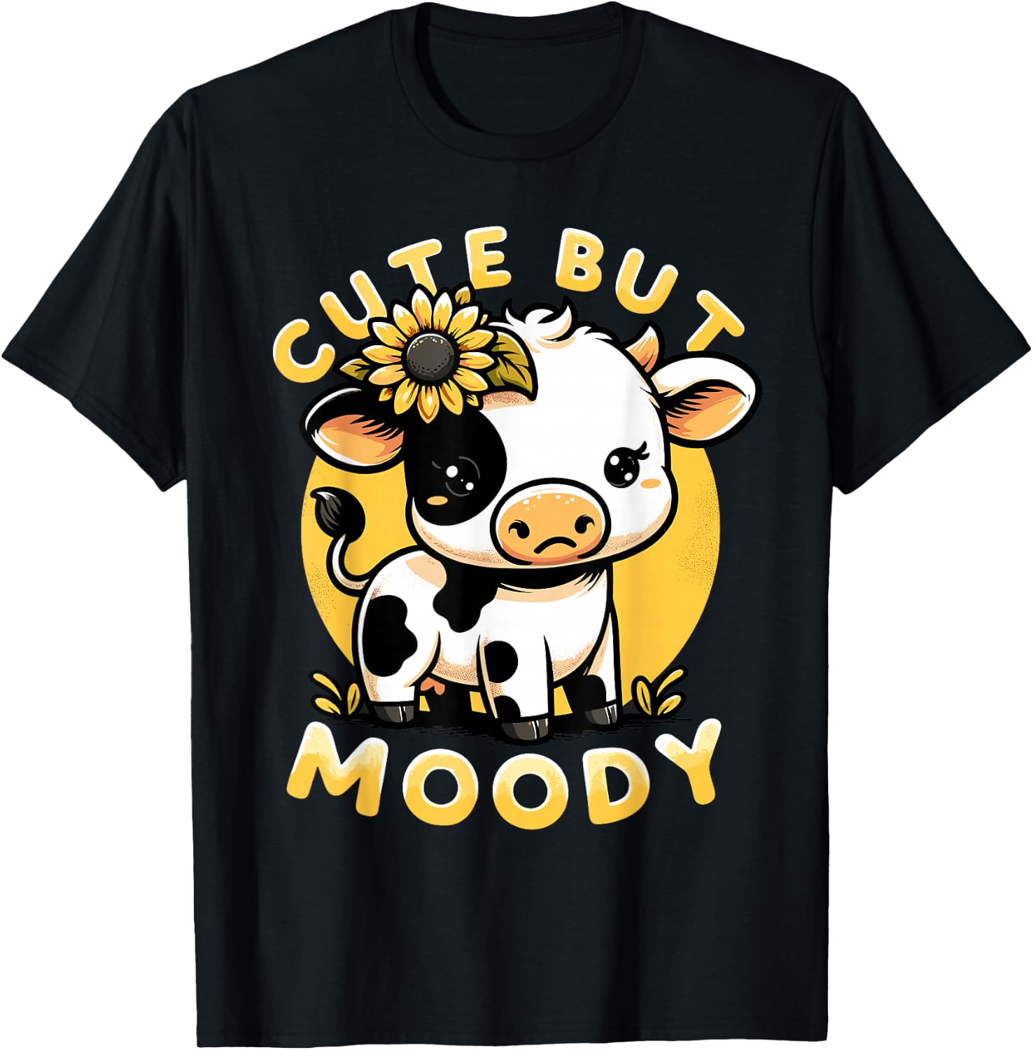 Cute But Moody, Cute Cow, Kids, Farm & Baby Cow Sunflower T-Shirt - T-Shirt | Black