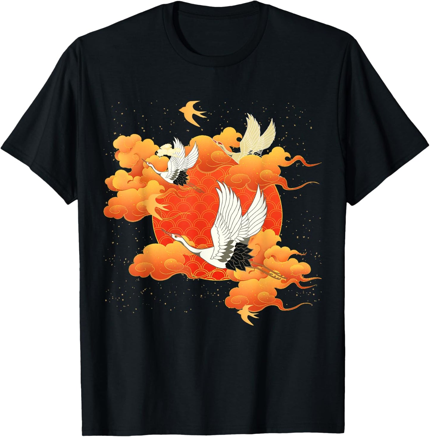 Flying Crane Bird Red Clouds and Sun Japanese Chinese Art T-Shirt - T-Shirt | Black