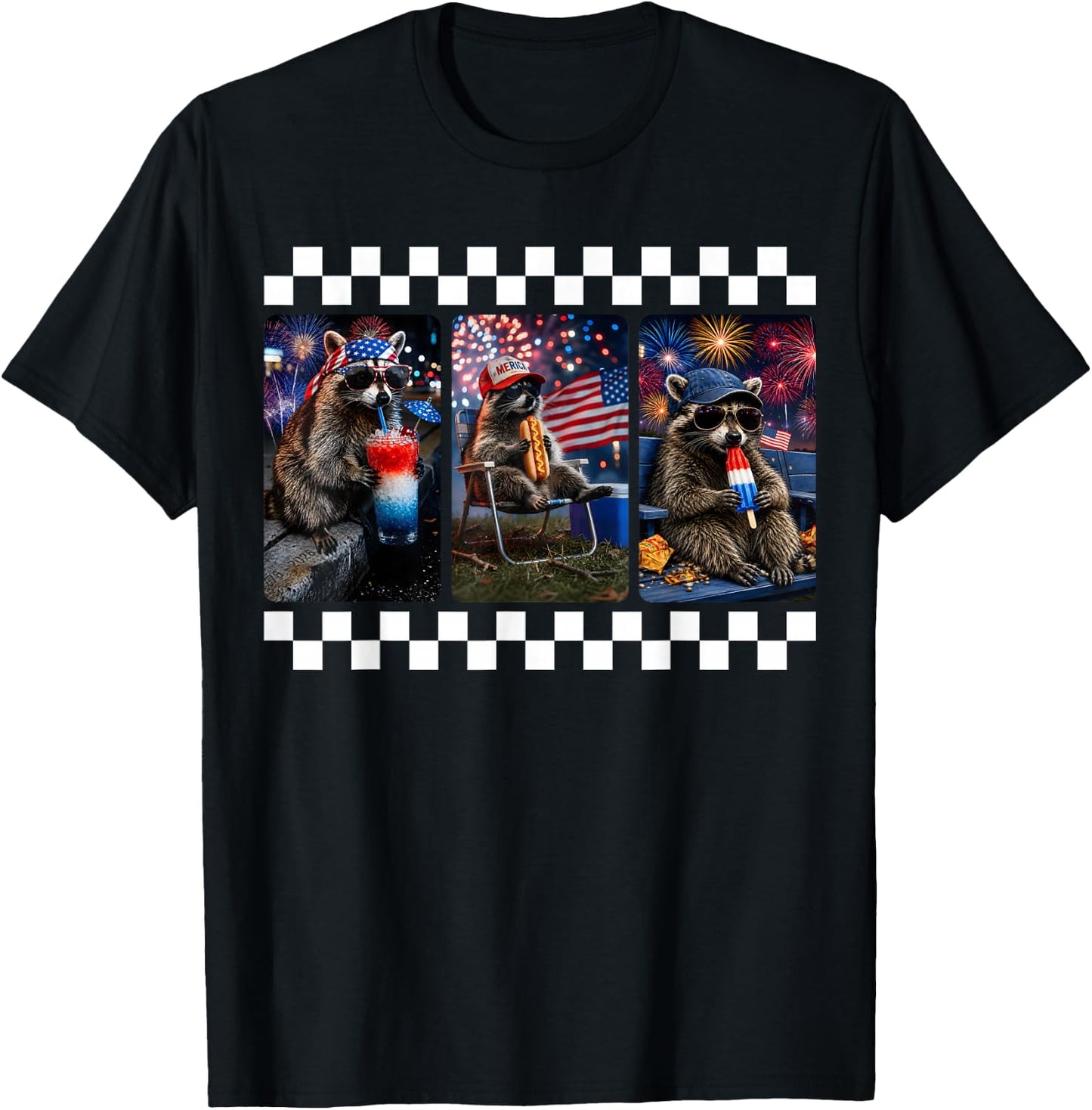Funny Raccoon 4th of July Fireworks Patriotic USA Men Women T-Shirt - T-Shirt | Black
