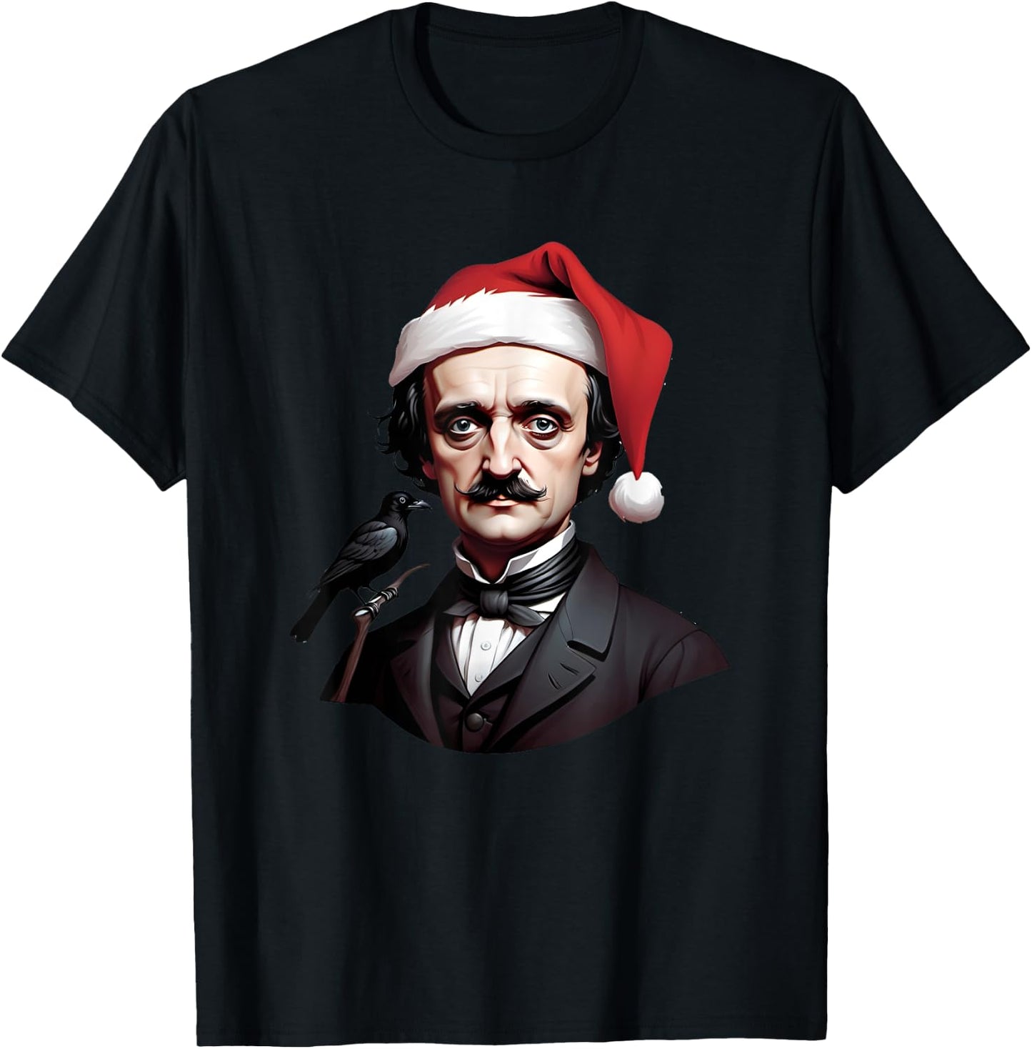 Edgar Allen Poe With a Santa Claus Hat on Christmas T-Shirt - T-Shirt | Black