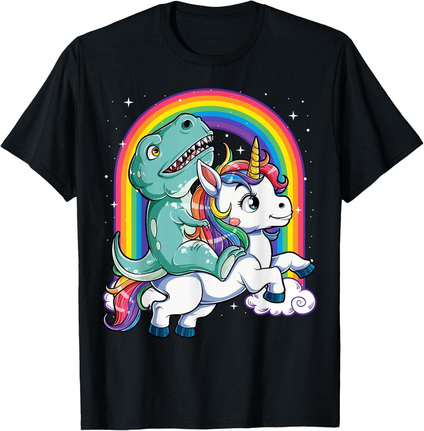 Dinosaur Riding Unicorn Funny T-rex Boys Men Rainbow Galaxy T-Shirt - T-Shirt | Black