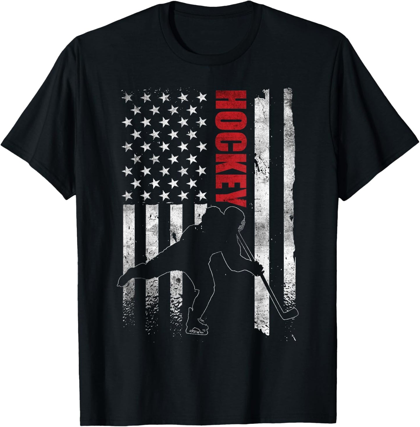 Vintage Ice Hockey American Flag Ice Hockey Player 4th July T-Shirt - T-Shirt | Black