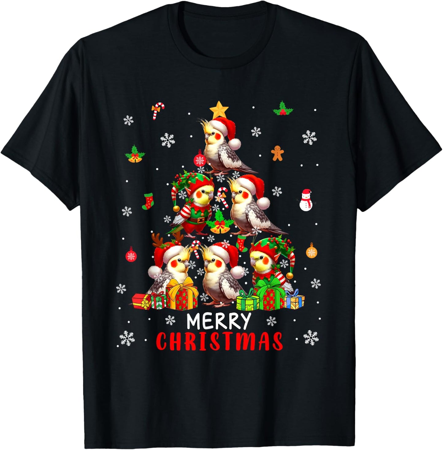 Merry Christmas Group Santa Elf Cockatiels As Xmas Tree Bird T-Shirt - T-Shirt | Black