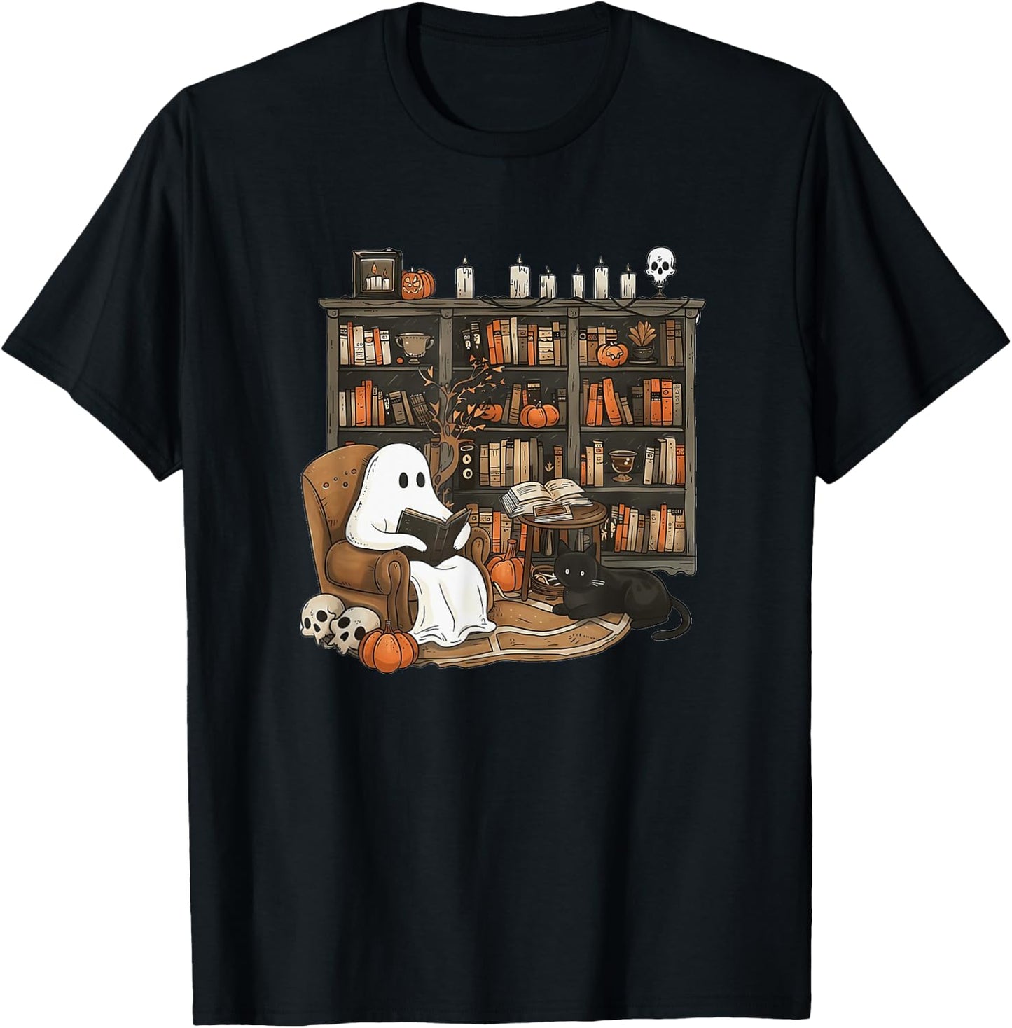 Retro Ghost Reading Books, Librarian Ghost Halloween T-Shirt - T-Shirt | Black