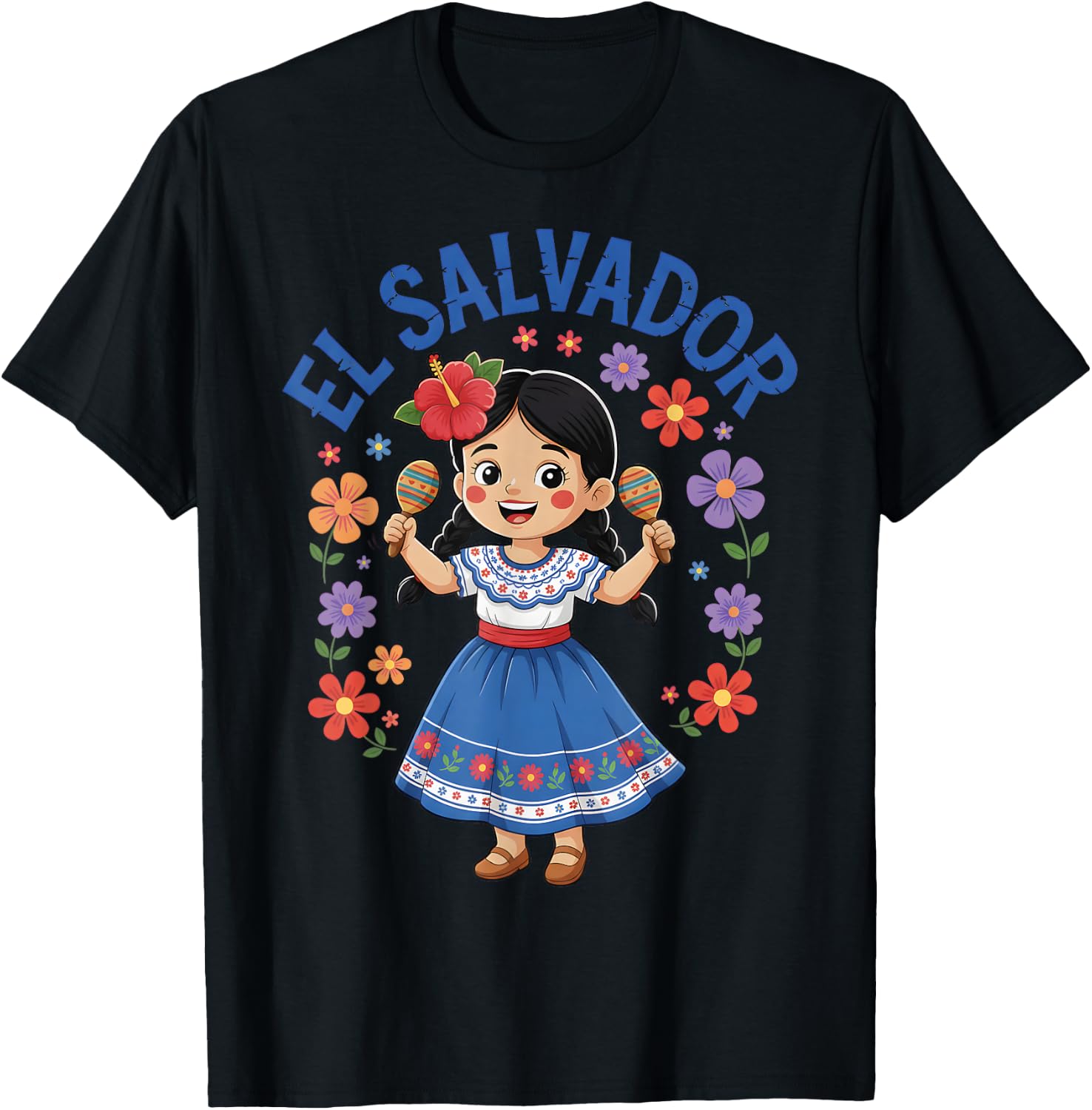 El Salvador Girl Maracas Traditional Dress Flowers T-Shirt - T-Shirt | Black