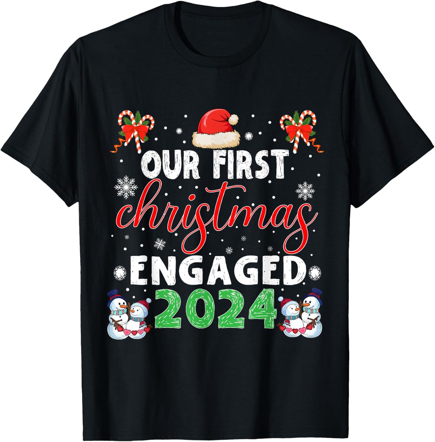 Christmas Couple Our First Christmas Engaged 2024 Funny Couple Xmas Pajamas T-Shirt - T-Shirt | Black