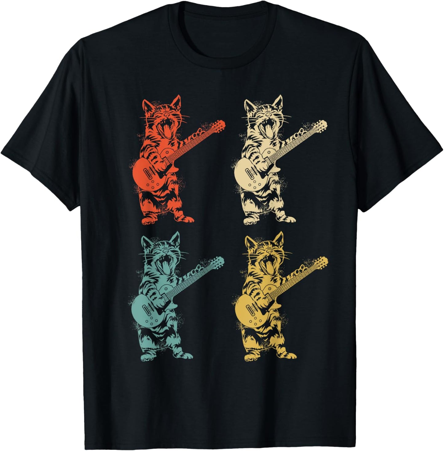 Retro Cat Rocker Kitty Plays Guitar Rockstar Guitarist , Black T-Shirt - T-Shirt | Black