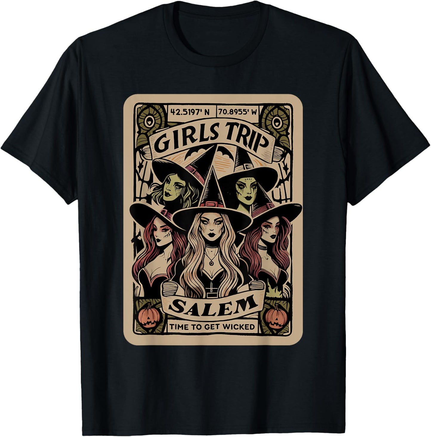 Girls Trip to Salem Time To Get Wicked Tarot Card Halloween T-Shirt - T-Shirt | Black